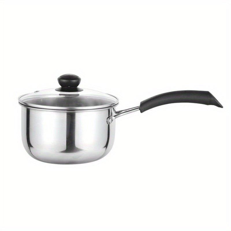 Mini milk pot made of stainless steel, suitable for hot milk and soup. Non-stick surface ideal for home cooking.