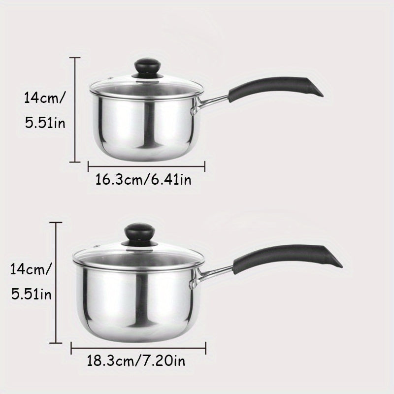 Mini milk pot made of stainless steel, suitable for hot milk and soup. Non-stick surface ideal for home cooking.