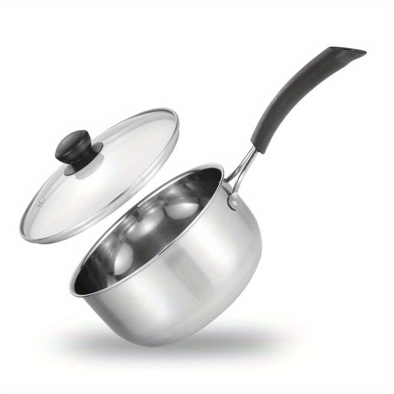 Mini milk pot made of stainless steel, suitable for hot milk and soup. Non-stick surface ideal for home cooking.