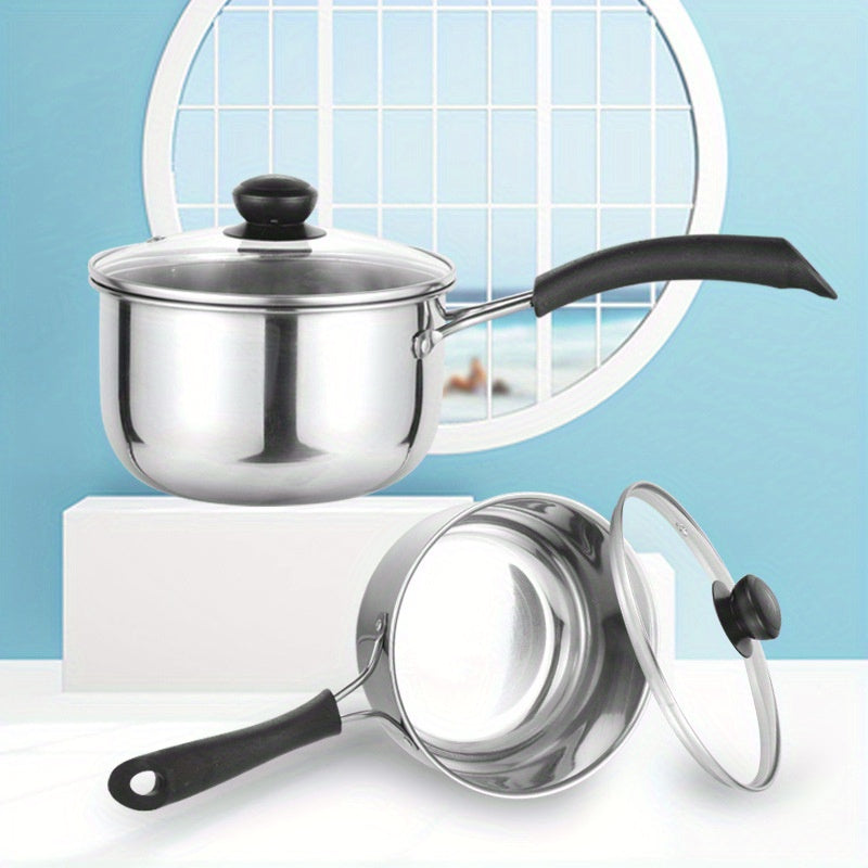 Mini milk pot made of stainless steel, suitable for hot milk and soup. Non-stick surface ideal for home cooking.