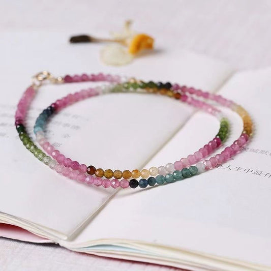 3mm Tourmaline Bead Choker Necklace with Multicolor Rainbow Gemstones, Vintage Boho Style Neck Jewelry perfect for Daily Wear and Gifting, featuring an Alloy Chain. Versatile Accessory for any Season - Item TB-01.