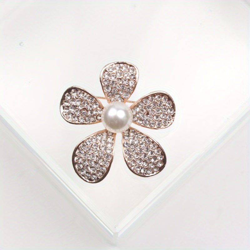 Sophisticated Floral Enamel Brooch adorned with Rhinestones and a Shimmering Pearlescent Center. This Charming Fashion Accessory is a Unique and Irregular Flower Pin perfect for Women's Clothing.