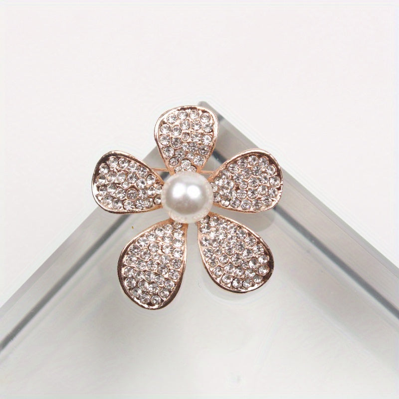 Sophisticated Floral Enamel Brooch adorned with Rhinestones and a Shimmering Pearlescent Center. This Charming Fashion Accessory is a Unique and Irregular Flower Pin perfect for Women's Clothing.