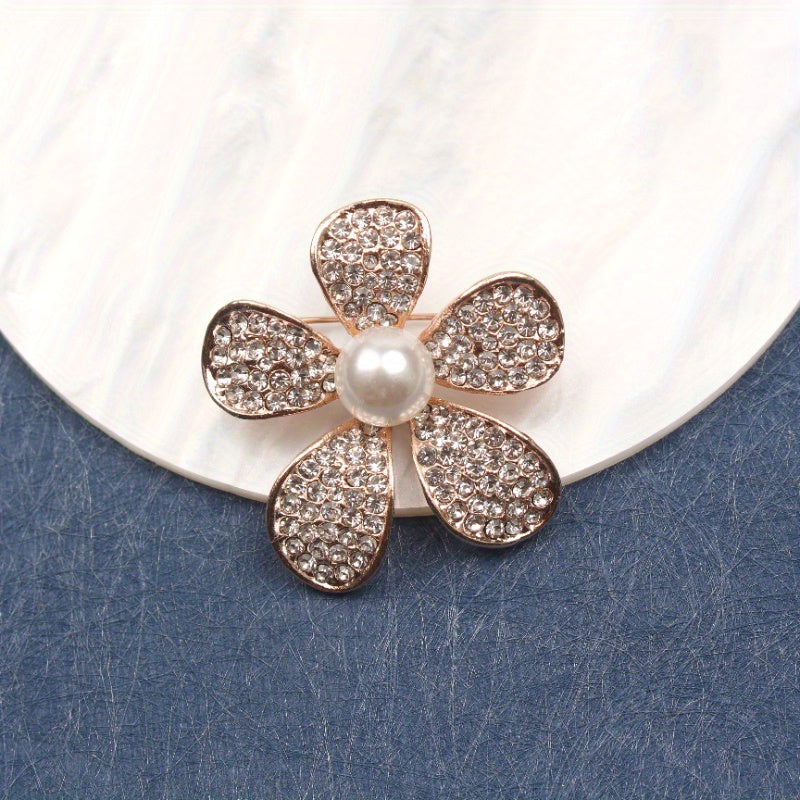 Sophisticated Floral Enamel Brooch adorned with Rhinestones and a Shimmering Pearlescent Center. This Charming Fashion Accessory is a Unique and Irregular Flower Pin perfect for Women's Clothing.