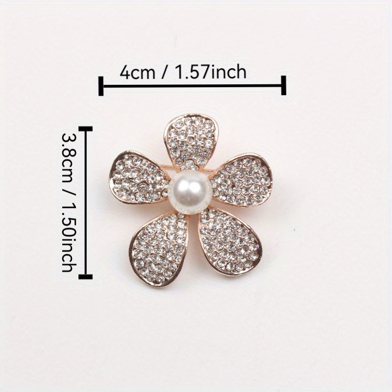 Sophisticated Floral Enamel Brooch adorned with Rhinestones and a Shimmering Pearlescent Center. This Charming Fashion Accessory is a Unique and Irregular Flower Pin perfect for Women's Clothing.