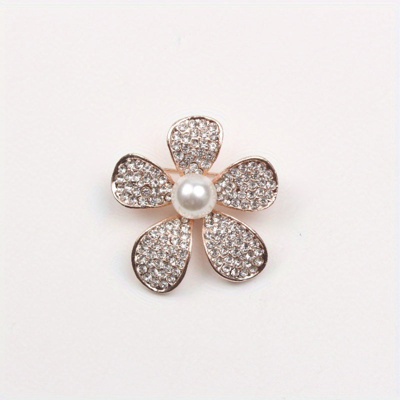 Sophisticated Floral Enamel Brooch adorned with Rhinestones and a Shimmering Pearlescent Center. This Charming Fashion Accessory is a Unique and Irregular Flower Pin perfect for Women's Clothing.