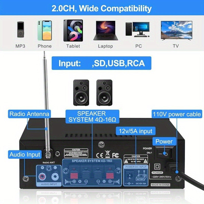 Wireless 5.0 Audio Power Amplifier for car and home speaker, with USB, SD, AUX, remote control, FM antenna, and EU plug.