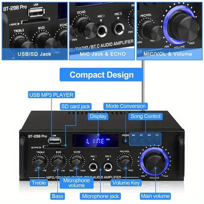 Wireless 5.0 Audio Power Amplifier for car and home speaker, with USB, SD, AUX, remote control, FM antenna, and EU plug.