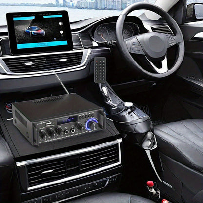 Wireless 5.0 Audio Power Amplifier for car and home speaker, with USB, SD, AUX, remote control, FM antenna, and EU plug.