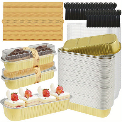 Set of 200 Mini Loaf Pans with Lids, Spoons & Sealing Stickers - 200ml Capacity, Heat Resistant Aluminum Foil Baking Pans for Desserts. Ideal for Home Kitchens, Parties & Outdoor Events.