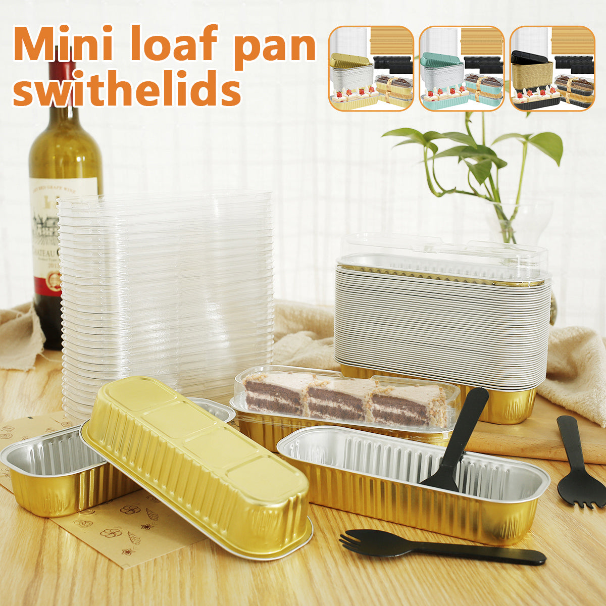 Set of 200 Mini Loaf Pans with Lids, Spoons & Sealing Stickers - 200ml Capacity, Heat Resistant Aluminum Foil Baking Pans for Desserts. Ideal for Home Kitchens, Parties & Outdoor Events.