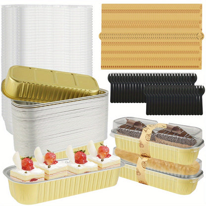 Set of 200 Mini Loaf Pans with Lids, Spoons & Sealing Stickers - 200ml Capacity, Heat Resistant Aluminum Foil Baking Pans for Desserts. Ideal for Home Kitchens, Parties & Outdoor Events.