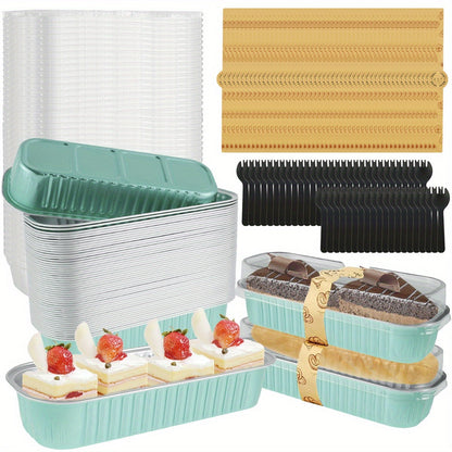 Set of 200 Mini Loaf Pans with Lids, Spoons & Sealing Stickers - 200ml Capacity, Heat Resistant Aluminum Foil Baking Pans for Desserts. Ideal for Home Kitchens, Parties & Outdoor Events.