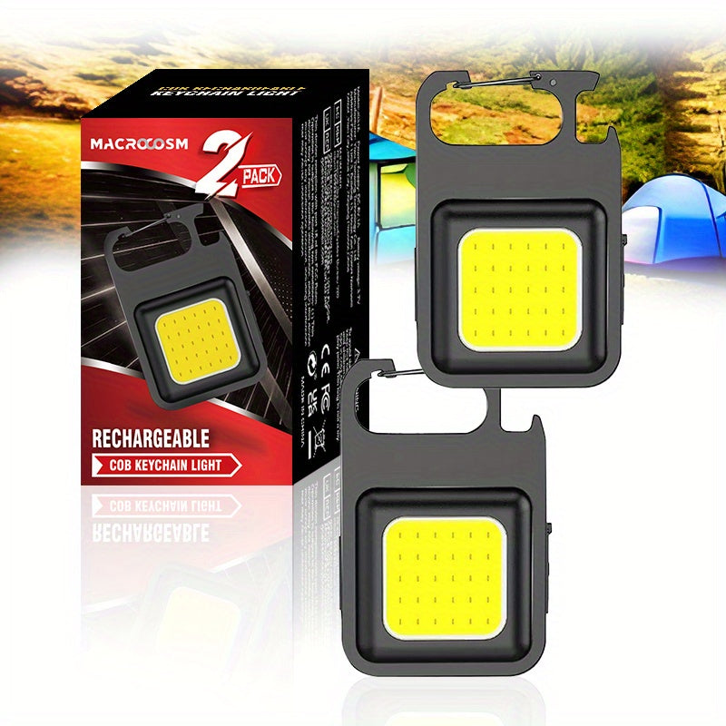 2 USB rechargeable COB keychain lights with magnetic base for outdoor activities such as camping, fishing, walking, and running.