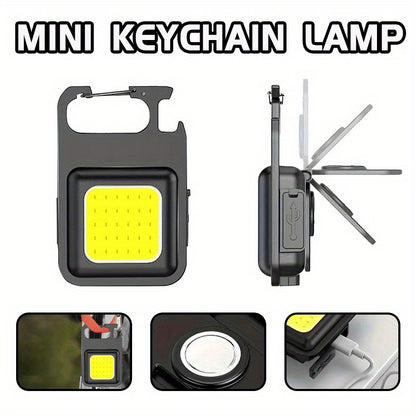 2 USB rechargeable COB keychain lights with magnetic base for outdoor activities such as camping, fishing, walking, and running.