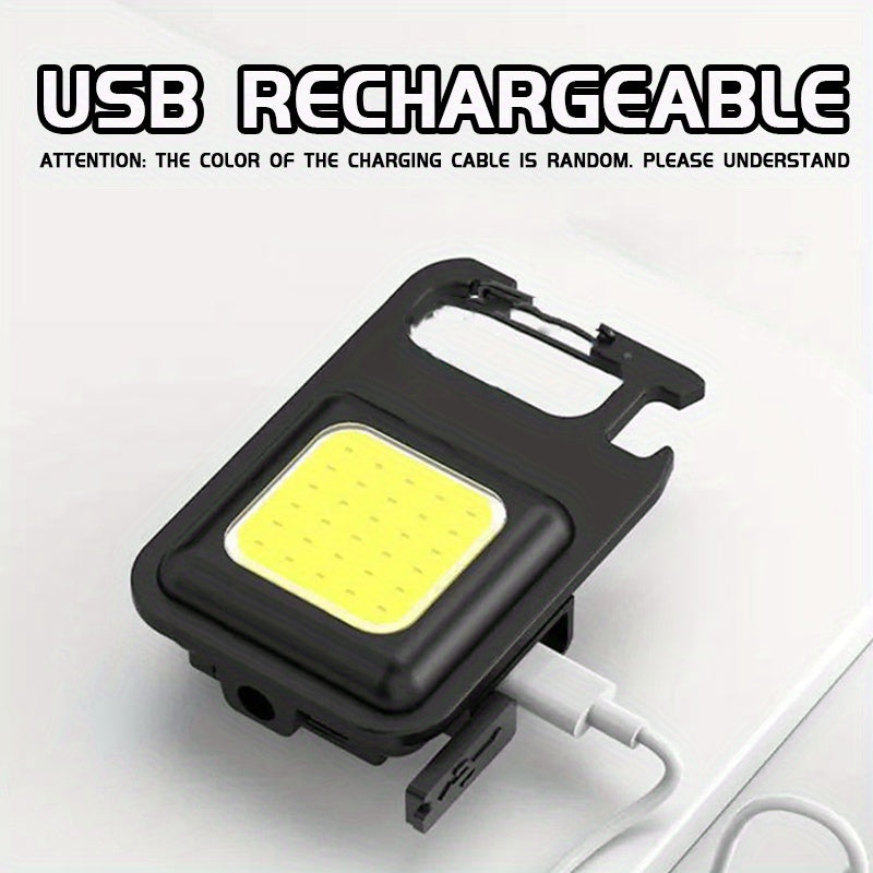 2 USB rechargeable COB keychain lights with magnetic base for outdoor activities such as camping, fishing, walking, and running.