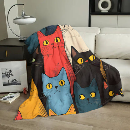 A cozy and adorable cat print blanket, made of flannel for extra warmth and softness. Perfect for cuddling up on the couch, in the office, or while camping or traveling. This multi-purpose blanket is a great gift for any occasion and suitable for all