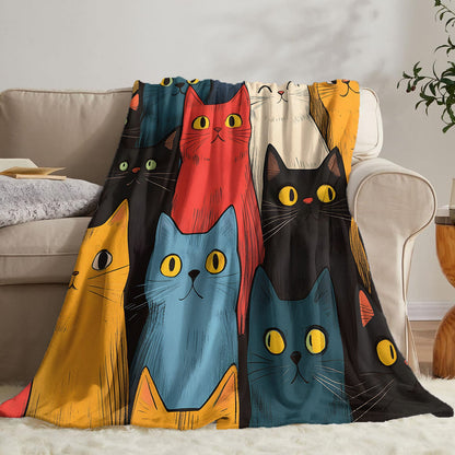 A cozy and adorable cat print blanket, made of flannel for extra warmth and softness. Perfect for cuddling up on the couch, in the office, or while camping or traveling. This multi-purpose blanket is a great gift for any occasion and suitable for all