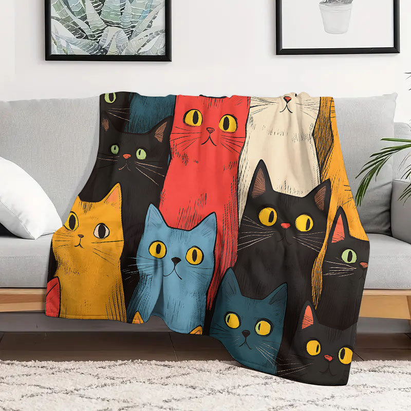 A cozy and adorable cat print blanket, made of flannel for extra warmth and softness. Perfect for cuddling up on the couch, in the office, or while camping or traveling. This multi-purpose blanket is a great gift for any occasion and suitable for all