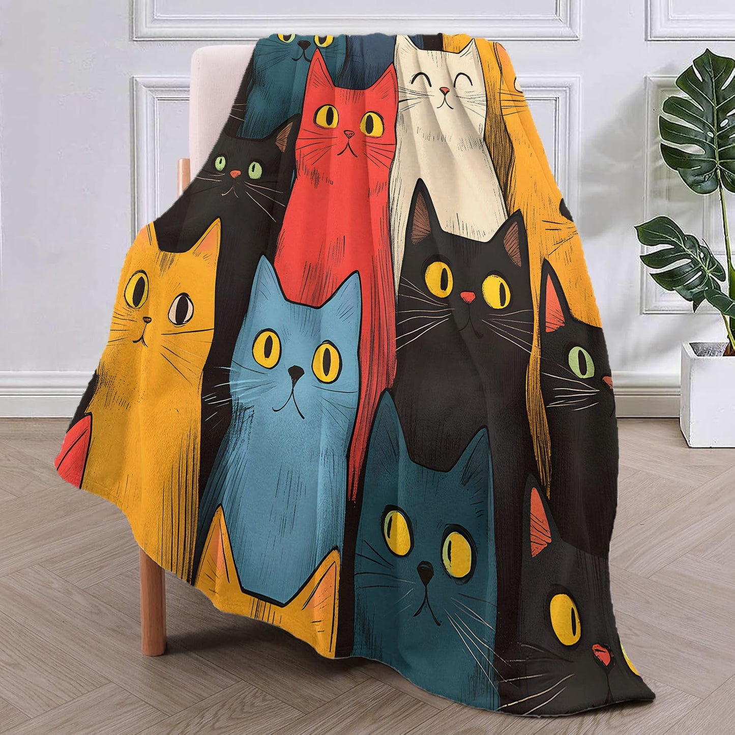 A cozy and adorable cat print blanket, made of flannel for extra warmth and softness. Perfect for cuddling up on the couch, in the office, or while camping or traveling. This multi-purpose blanket is a great gift for any occasion and suitable for all