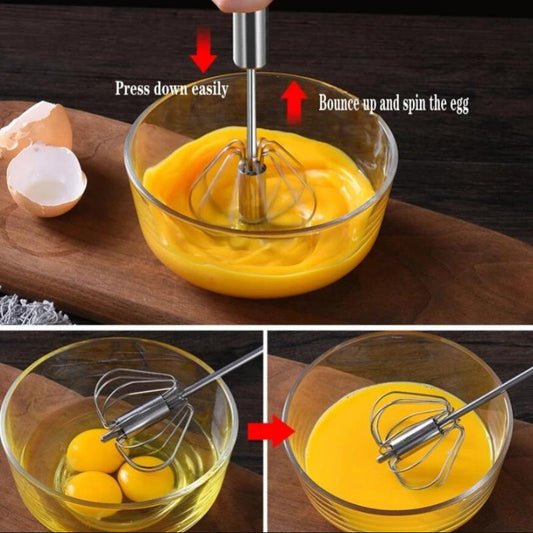 Stainless Steel Semi-Automatic Egg Beater - Manual Cream Whisk, Non-Electric Kitchen Mixing Tool with Self-Turning Feature - Metal Utensil