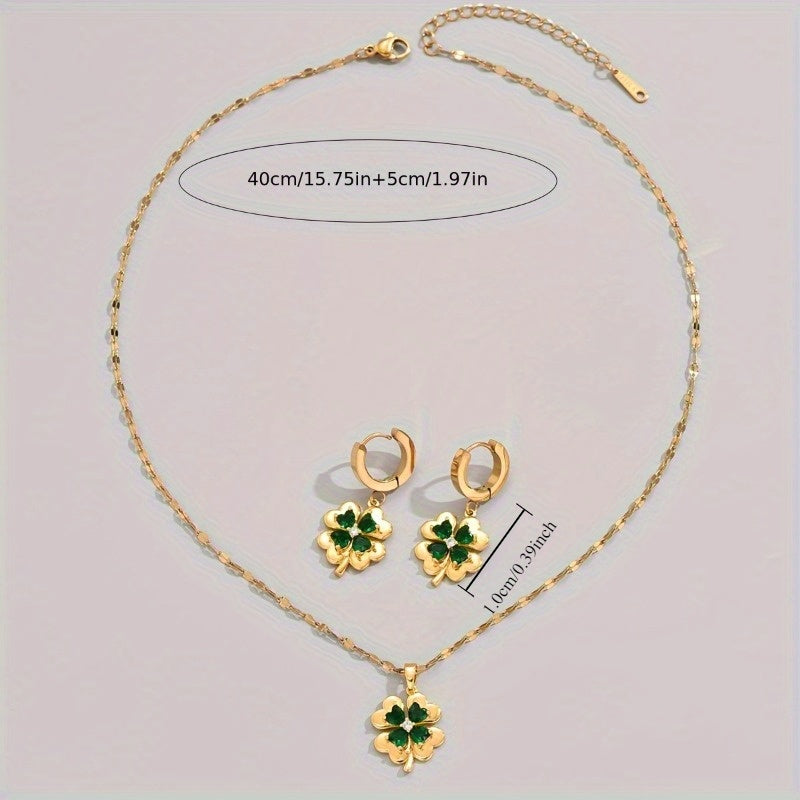 Set of 3 Gold-Tone Stainless Steel Clover Pendant Necklaces with Earrings, featuring Cubic Zirconia & Emerald stones. Perfect for Bohemian & Minimalist styles. 18K Golden Plated with Synthetic Zirconia. Unisex design suitable for all seasons. Ideal for