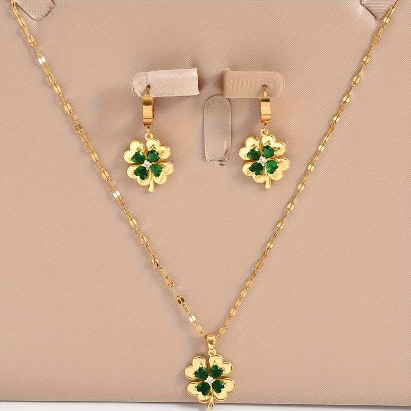 Set of 3 Gold-Tone Stainless Steel Clover Pendant Necklaces with Earrings, featuring Cubic Zirconia & Emerald stones. Perfect for Bohemian & Minimalist styles. 18K Golden Plated with Synthetic Zirconia. Unisex design suitable for all seasons. Ideal for