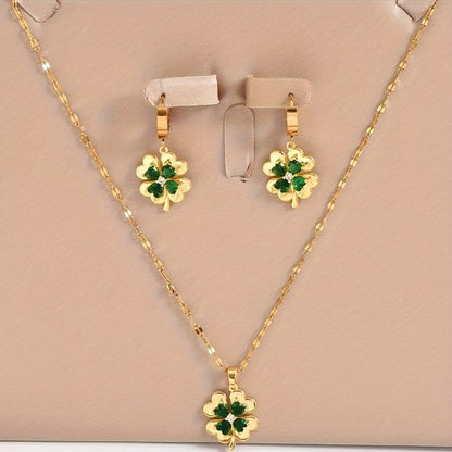 Set of 3 Gold-Tone Stainless Steel Clover Pendant Necklaces with Earrings, featuring Cubic Zirconia & Emerald stones. Perfect for Bohemian & Minimalist styles. 18K Golden Plated with Synthetic Zirconia. Unisex design suitable for all seasons. Ideal for