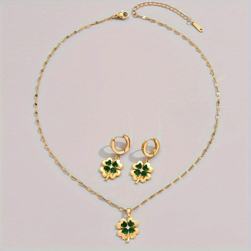 Set of 3 Gold-Tone Stainless Steel Clover Pendant Necklaces with Earrings, featuring Cubic Zirconia & Emerald stones. Perfect for Bohemian & Minimalist styles. 18K Golden Plated with Synthetic Zirconia. Unisex design suitable for all seasons. Ideal for