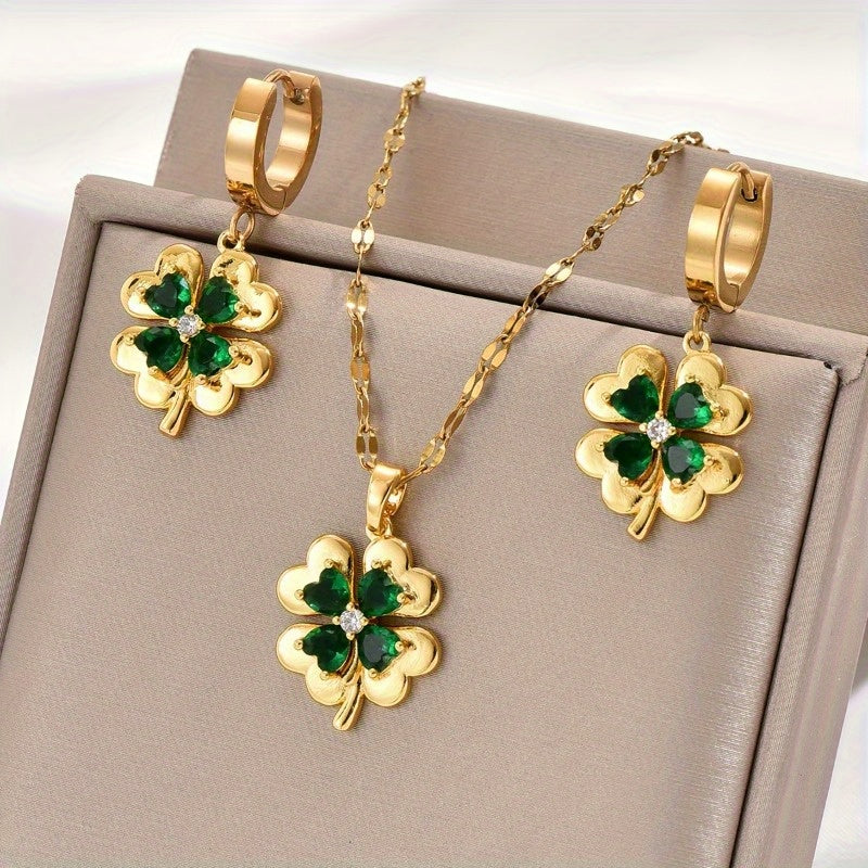 Set of 3 Gold-Tone Stainless Steel Clover Pendant Necklaces with Earrings, featuring Cubic Zirconia & Emerald stones. Perfect for Bohemian & Minimalist styles. 18K Golden Plated with Synthetic Zirconia. Unisex design suitable for all seasons. Ideal for