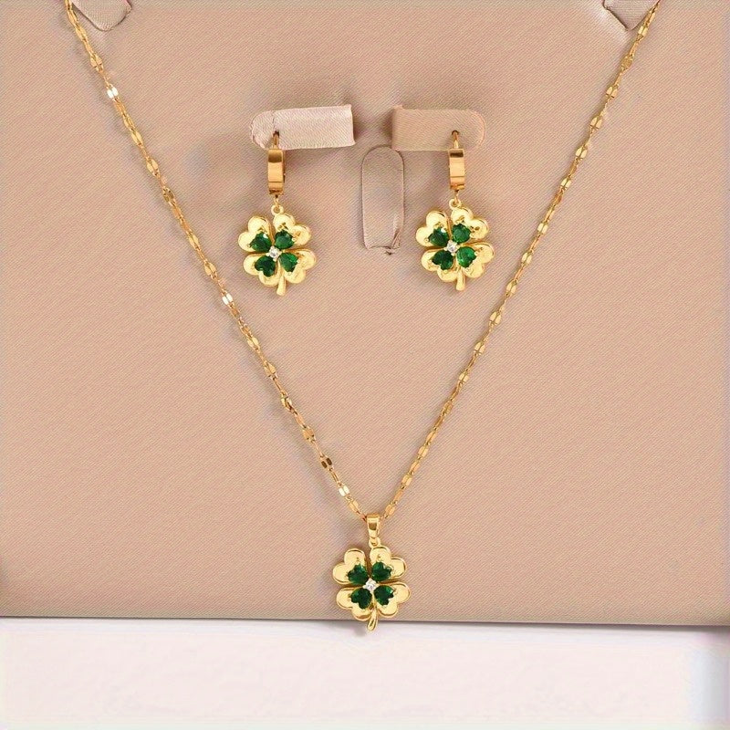 Set of 3 Gold-Tone Stainless Steel Clover Pendant Necklaces with Earrings, featuring Cubic Zirconia & Emerald stones. Perfect for Bohemian & Minimalist styles. 18K Golden Plated with Synthetic Zirconia. Unisex design suitable for all seasons. Ideal for