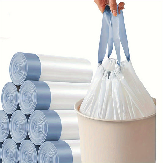 5 rolls of 75 count drawstring trash bags for household, office, and school cleaning, made of thickened polyethylene to seal in odors.