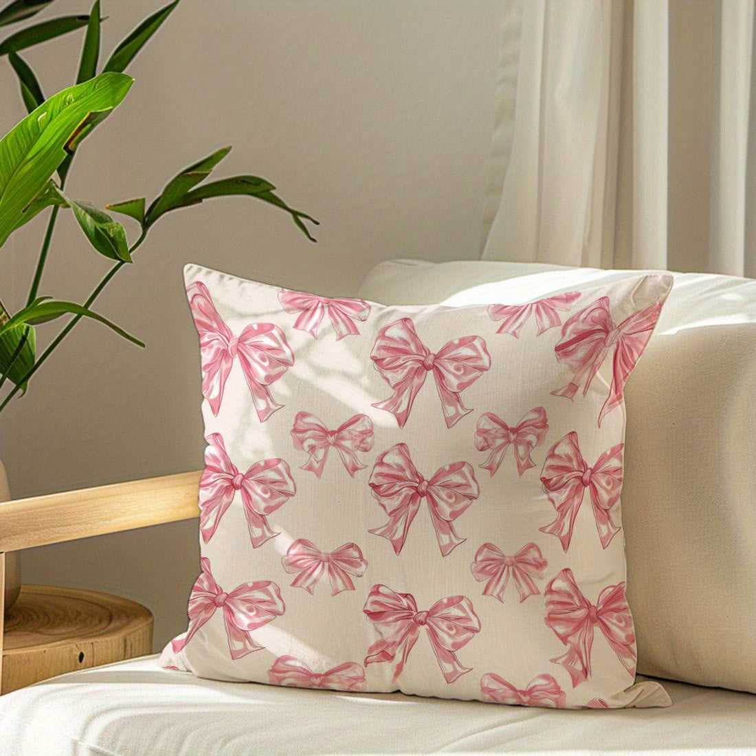 Bowknot print throw pillow cover in soft polyester, 44.96x44.96cm with zip closure. Machine washable, ideal for living room and bedroom decor. Pillow not included.