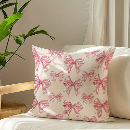 Bowknot print throw pillow cover in soft polyester, 44.96x44.96cm with zip closure. Machine washable, ideal for living room and bedroom decor. Pillow not included.