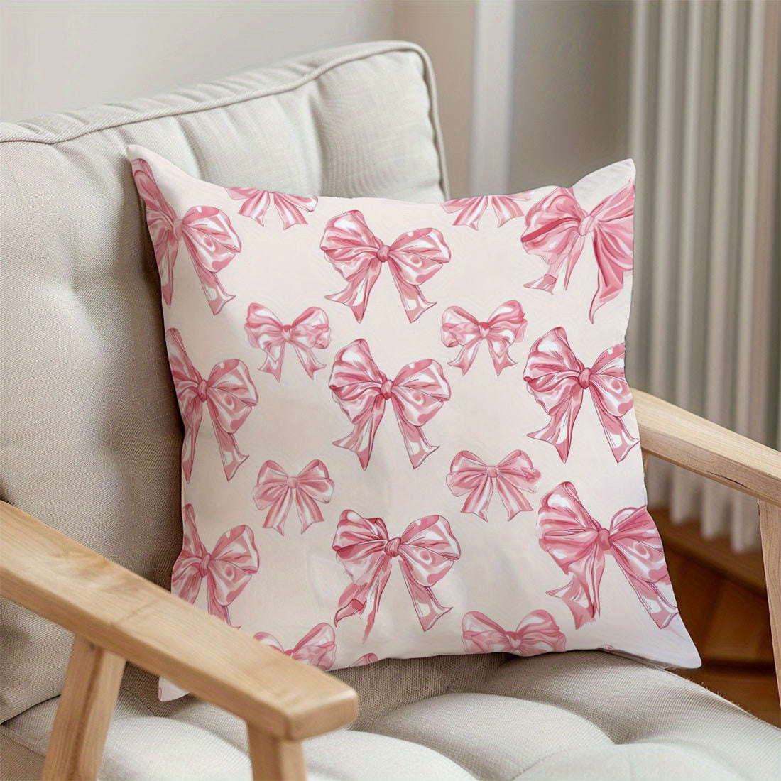 Bowknot print throw pillow cover in soft polyester, 44.96x44.96cm with zip closure. Machine washable, ideal for living room and bedroom decor. Pillow not included.