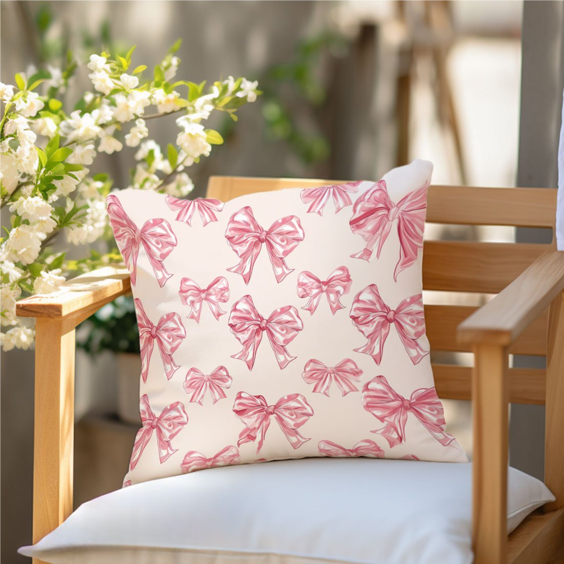 Bowknot print throw pillow cover in soft polyester, 44.96x44.96cm with zip closure. Machine washable, ideal for living room and bedroom decor. Pillow not included.