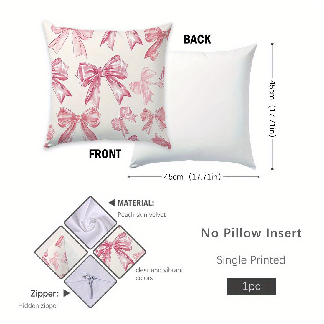 Chic pink bow print throw pillow cover, 44.96x44.96cm, contemporary style, 100% polyester with zip closure. Machine washable, perfect for living room sofa and bedroom decor. (Pillow insert not included) Great for couches.