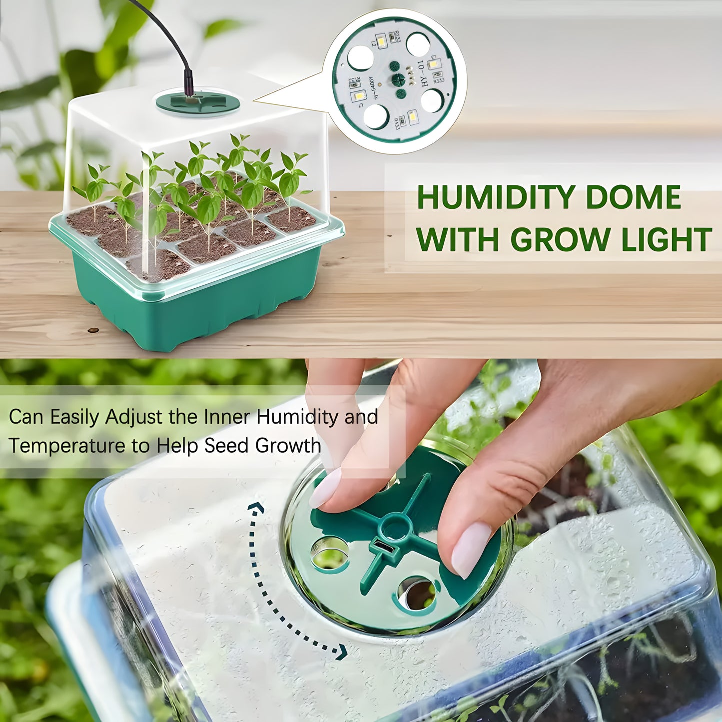 Rustic seed starter kit with adjustable humidity, USB grow light, 12-cell propagator set, transparent dome, and plastic greenhouse for plant seedlings.