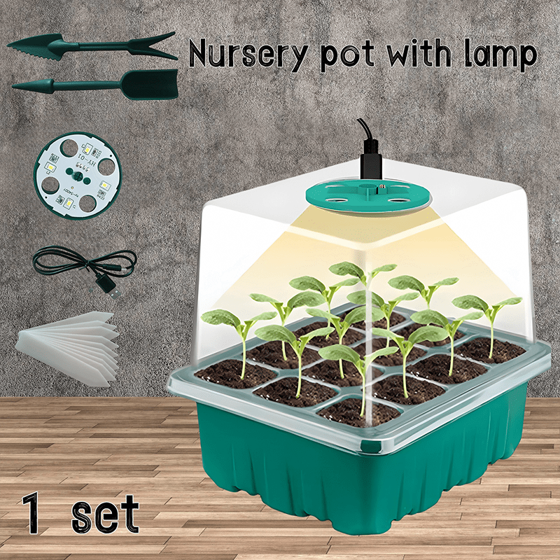 Rustic seed starter kit with adjustable humidity, USB grow light, 12-cell propagator set, transparent dome, and plastic greenhouse for plant seedlings.