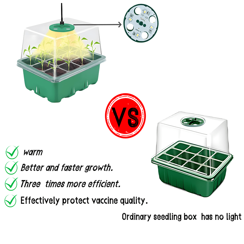 Rustic seed starter kit with adjustable humidity, USB grow light, 12-cell propagator set, transparent dome, and plastic greenhouse for plant seedlings.