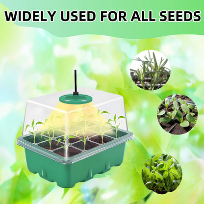 Rustic seed starter kit with adjustable humidity, USB grow light, 12-cell propagator set, transparent dome, and plastic greenhouse for plant seedlings.