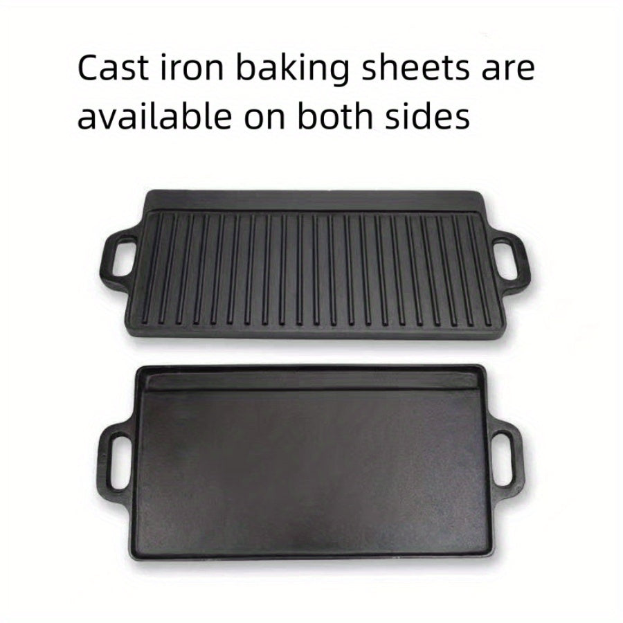 Large rectangular non-stick cast iron cookware with handles, featuring a reversible pre-seasoned grill and griddle combo, perfect for cooking and baking.