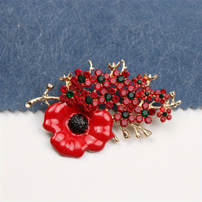 Stylish and luxurious rhinestone flower brooch pin, featuring an irregular festive red and green design. Perfect for travel, parties, and daily wear, this versatile accessory adds a novel touch to clothing, bags, and hats.