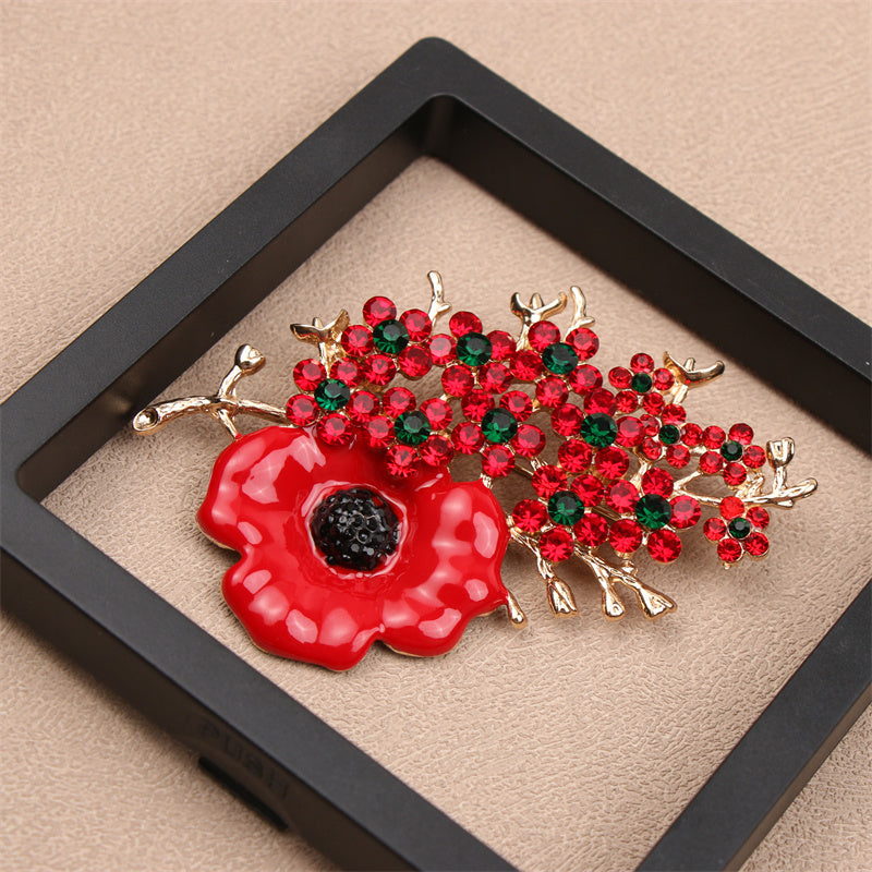 Stylish and luxurious rhinestone flower brooch pin, featuring an irregular festive red and green design. Perfect for travel, parties, and daily wear, this versatile accessory adds a novel touch to clothing, bags, and hats.