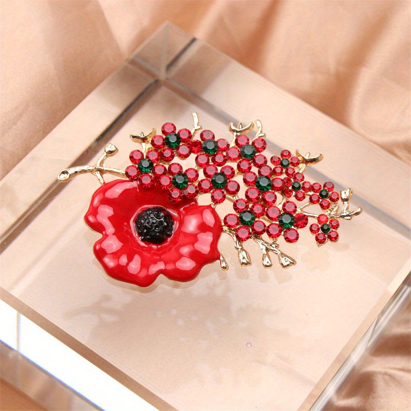 Stylish and luxurious rhinestone flower brooch pin, featuring an irregular festive red and green design. Perfect for travel, parties, and daily wear, this versatile accessory adds a novel touch to clothing, bags, and hats.