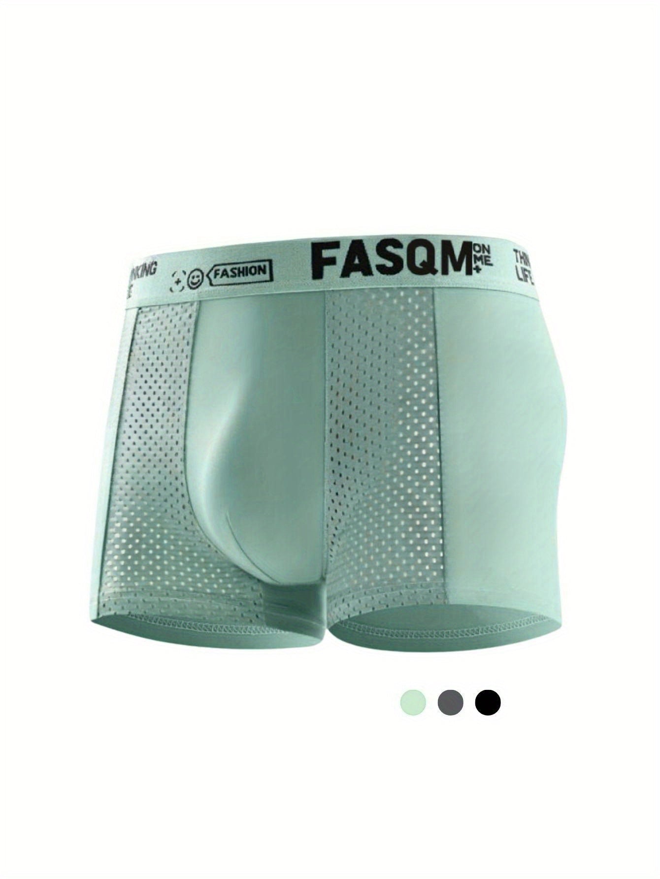 Men's cool and comfy boxers with mesh patch for breathability, available in sky blue, black, and deep gray with contrast color waistband and letter print.