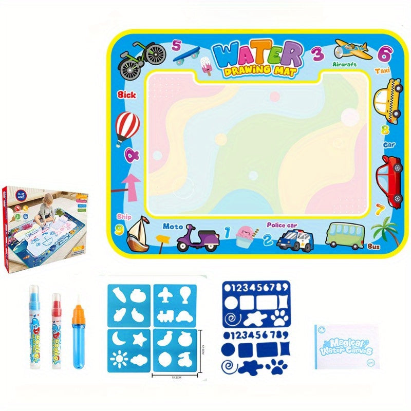 The box packaging contains a variety of accessories, including educational toys for children, an extra-large watercolor canvas, a writing board, a graffiti painting board, a water painting carpet that won't soil clothes or hands.