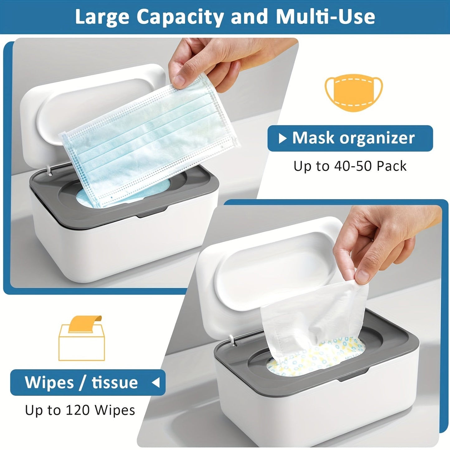 Moisture-Retaining Wet Tissue Dispenser with Lid, Scandinavian dizaynidan ilhomlangan - Pampers va niqoblarni saqlash uchun mukammal, changdan himoyalangan