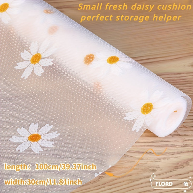 Daisy design non-slip shelf liner roll, 100% plastic, easy to clean, for kitchen cabinets, hand washable.