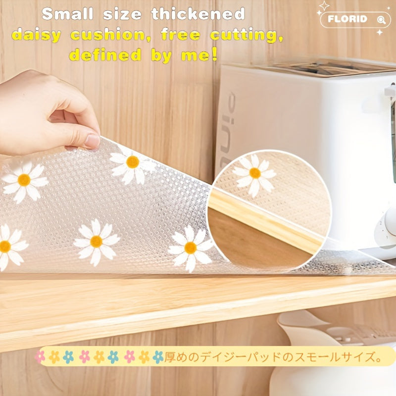 Daisy design non-slip shelf liner roll, 100% plastic, easy to clean, for kitchen cabinets, hand washable.